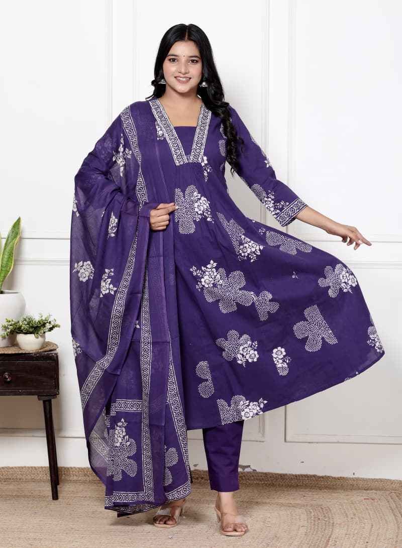 Purple Bloom Cotton Anarkali Set